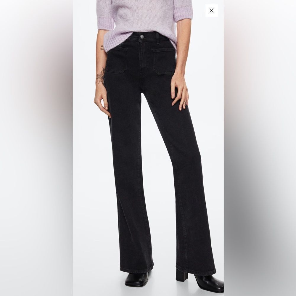 MANGO Jeans NWT Flare Leg Raw Hem Ankle Length Black Size 25 US 2
